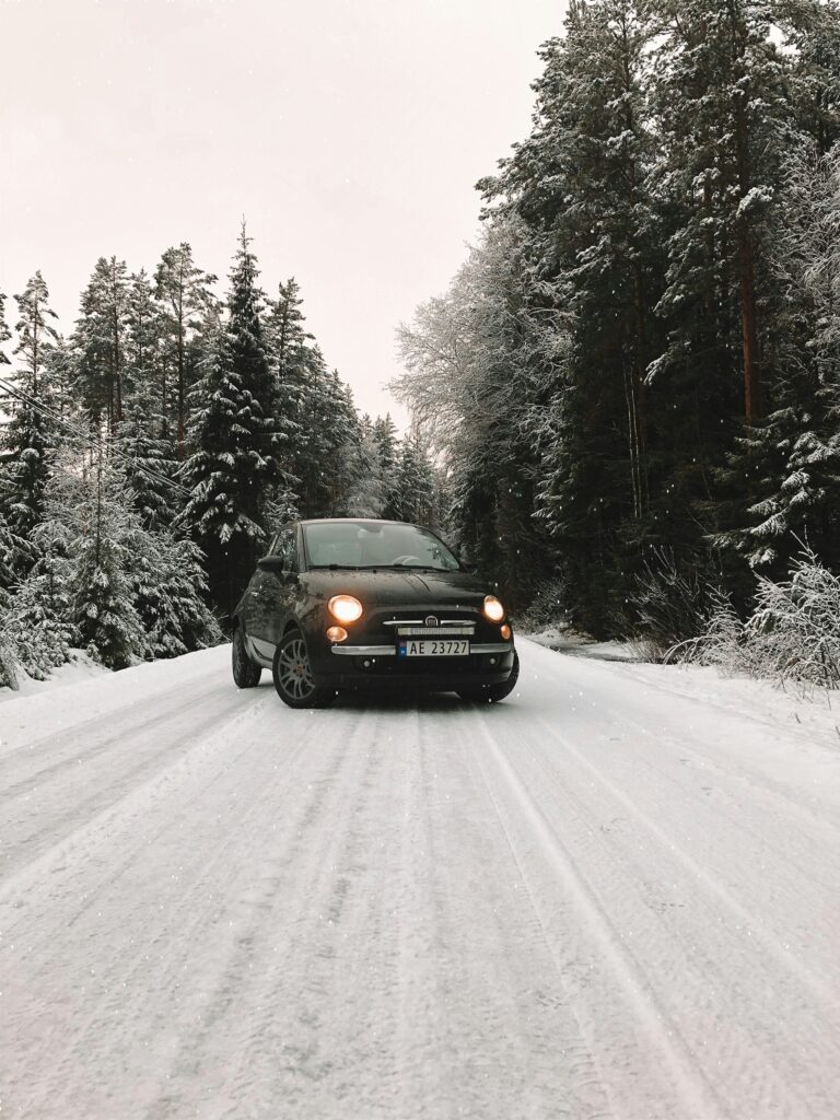 Vinterdæk i Sverige: krav, periode og pigdæk 1 Auto auf einer schneebedeckten Straße zwischen Nadelbäumen im Winter