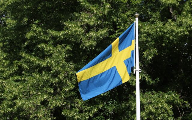 Schwedische Flagge weht neben Bäumen im Stadtpark von Örebro