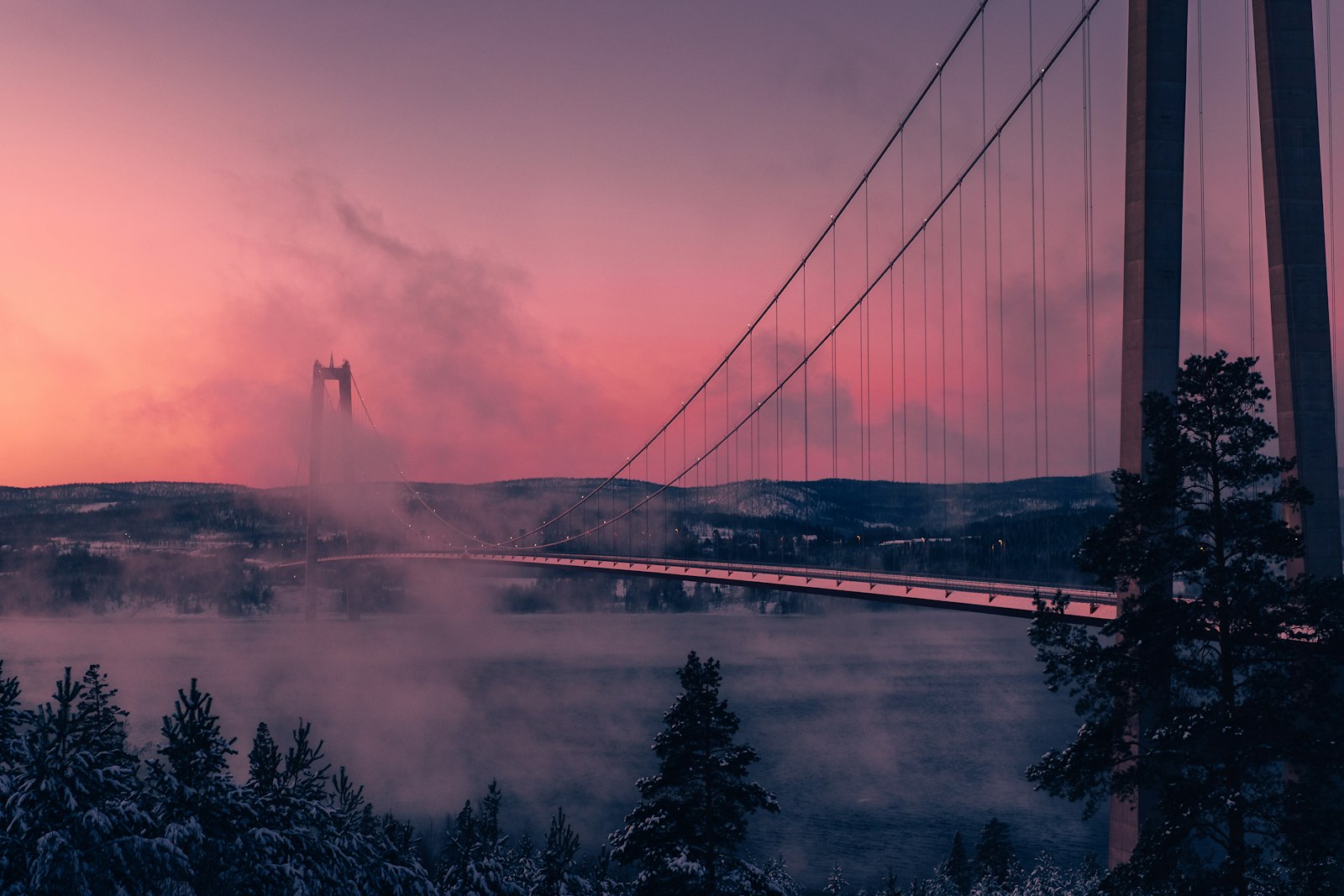 Strömsundsbroen: strandet sværtransport fjernet fra E45 efter 16 dage – broen forbliver spærret 2 Hængebroen Högakustenbron over en tåget flod i rosa morgenlys