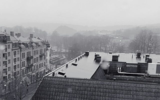 Graue Stadtansicht von Borås mit Hochhäusern und Turm im Nebel