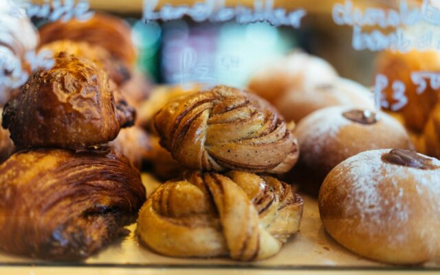 Cinnamon buns and other pastries in a bakery