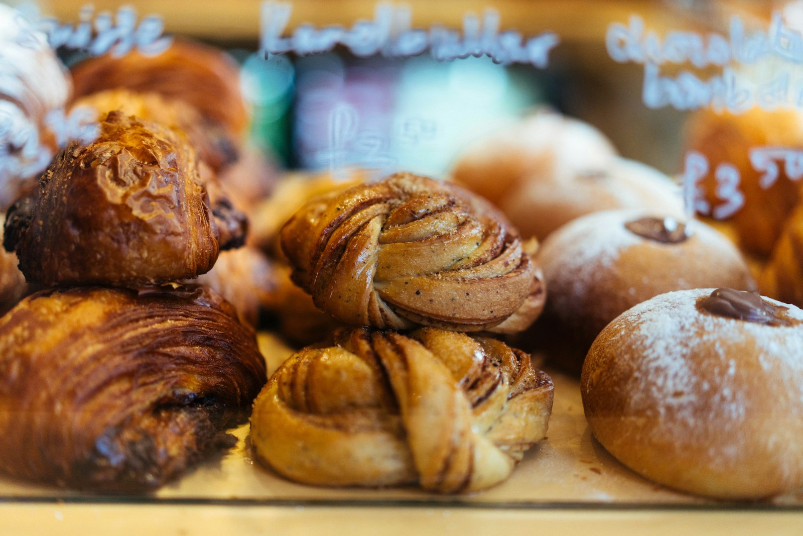 Cinnamon buns and other pastries in a bakery
